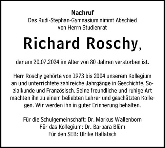 Traueranzeige von Richard Roschy von Wormser Zeitung