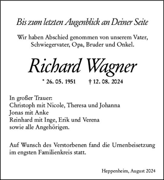 Traueranzeige von Richard Wagner von Starkenburger Echo