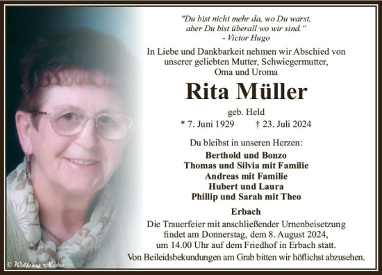 Traueranzeige von Rita Müller von Camberger Anzeiger