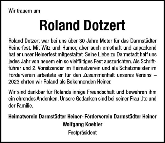 Traueranzeige von Roland Dotzert von Darmstädter Echo