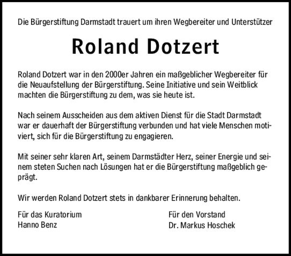  Traueranzeige für Roland Dotzert vom 24.08.2024 aus Darmstädter Echo