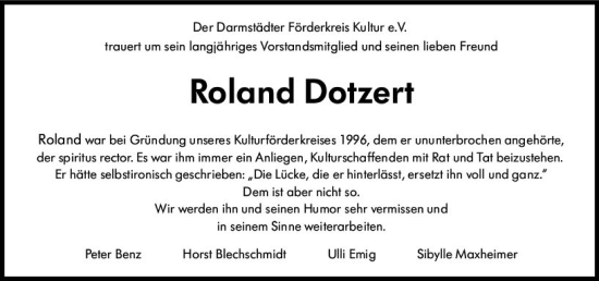 Traueranzeige von Roland Dotzert von Darmstädter Echo