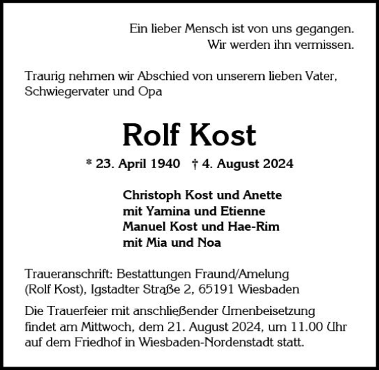 Traueranzeige von Rolf Kost von Wiesbadener Kurier