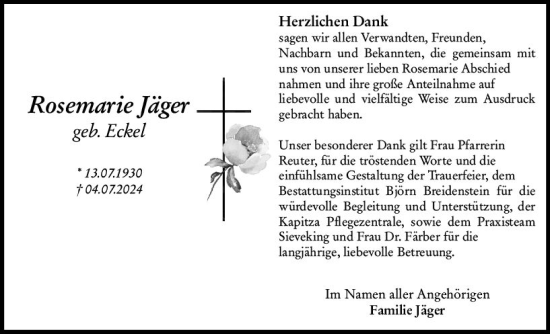 Traueranzeige von Rosemarie Jäger von Hinterländer Anzeiger