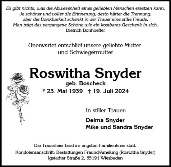 Traueranzeige von Roswitha Snyder von Wiesbadener Kurier