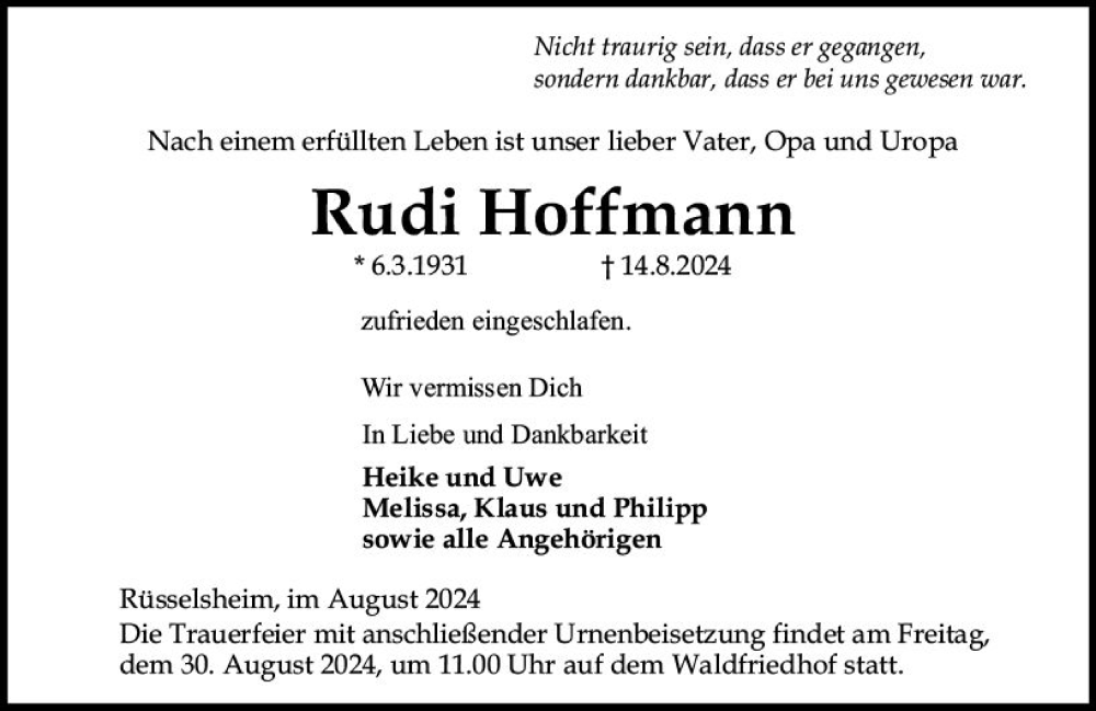  Traueranzeige für Rudi Hoffmann vom 24.08.2024 aus Rüsselsheimer Echo