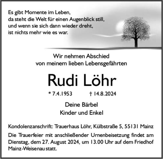 Traueranzeige von Rudi Löhr von Allgemeine Zeitung Mainz