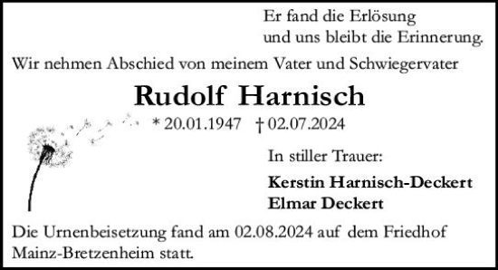 Traueranzeige von Rudolf Harnisch von Allgemeine Zeitung Mainz