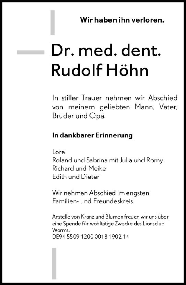  Traueranzeige für Rudolf Höhn vom 03.08.2024 aus Wormser Zeitung