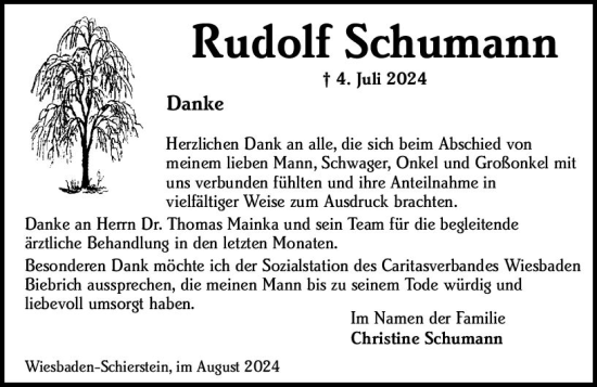 Traueranzeige von Rudolf Schumann von Wiesbadener Kurier