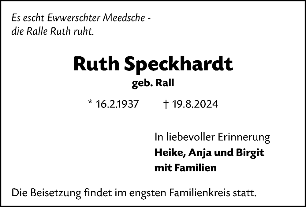  Traueranzeige für Ruth Speckhardt vom 31.08.2024 aus Darmstädter Echo