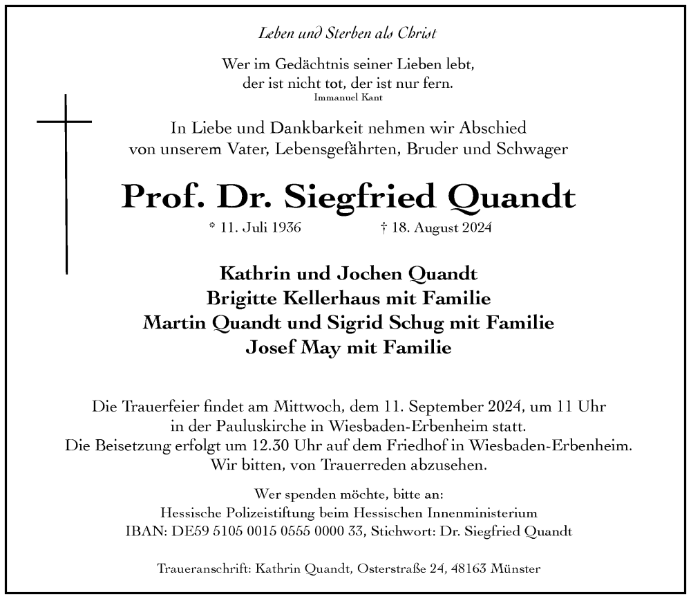  Traueranzeige für Siegfried Quandt vom 31.08.2024 aus Wiesbadener Kurier