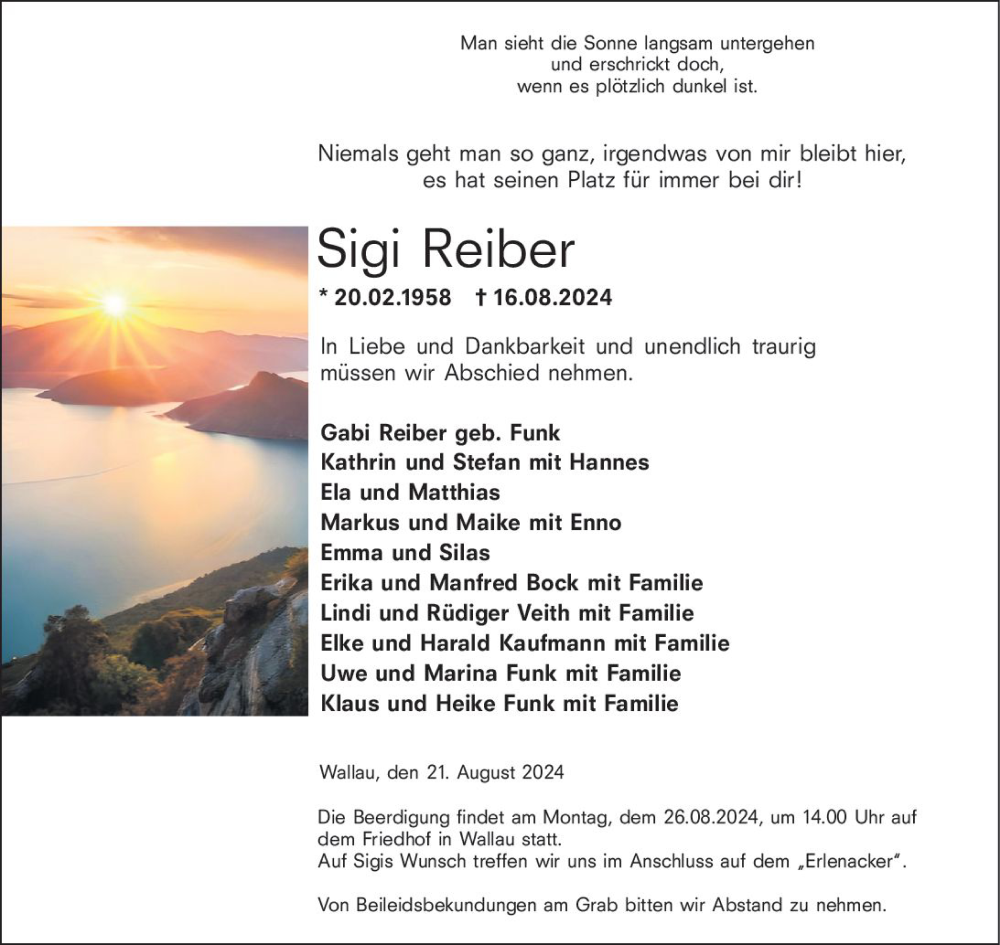  Traueranzeige für Sigi Reiber vom 21.08.2024 aus Hinterländer Anzeiger
