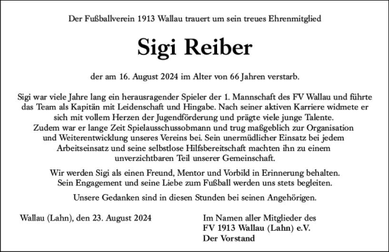 Traueranzeige von Sigi Reiber von Hinterländer Anzeiger