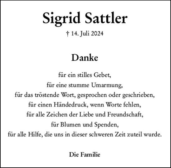Traueranzeige von Sigrid Sattler von Dill Block