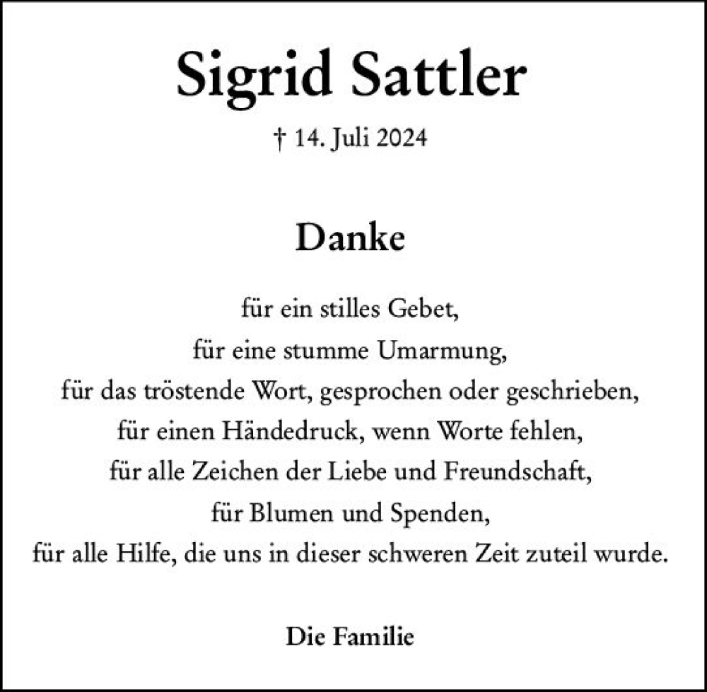  Traueranzeige für Sigrid Sattler vom 24.08.2024 aus Dill Block