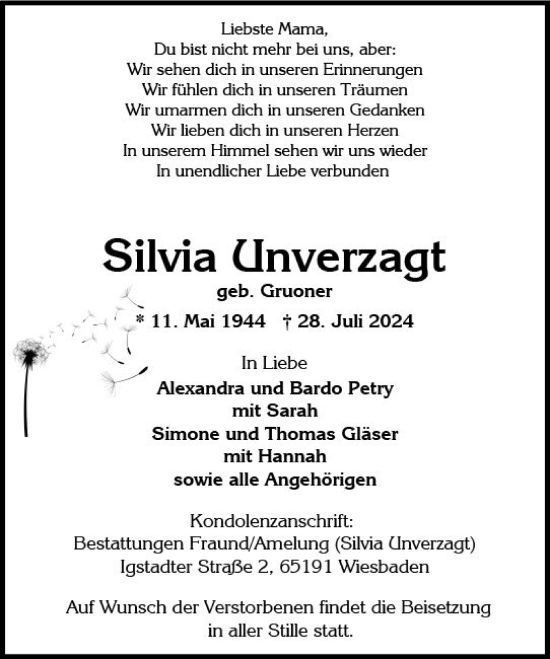 Traueranzeige von Silvia Unverzagt von Wiesbadener Kurier
