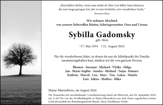 Traueranzeige von Sybilla Gadomsky von Allgemeine Zeitung Mainz