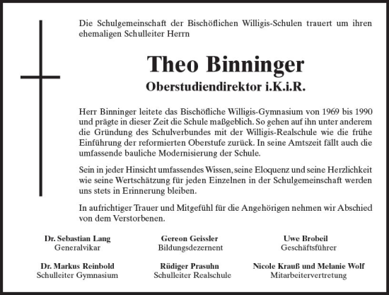Traueranzeige von Theo Binninger von Allgemeine Zeitung Mainz