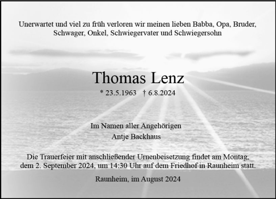 Traueranzeige von Thomas Lenz von Rüsselsheimer Echo