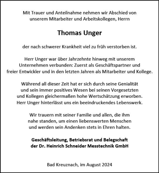 Traueranzeige von Thomas Unger von Allgemeine Zeitung Rheinhessen-Nahe