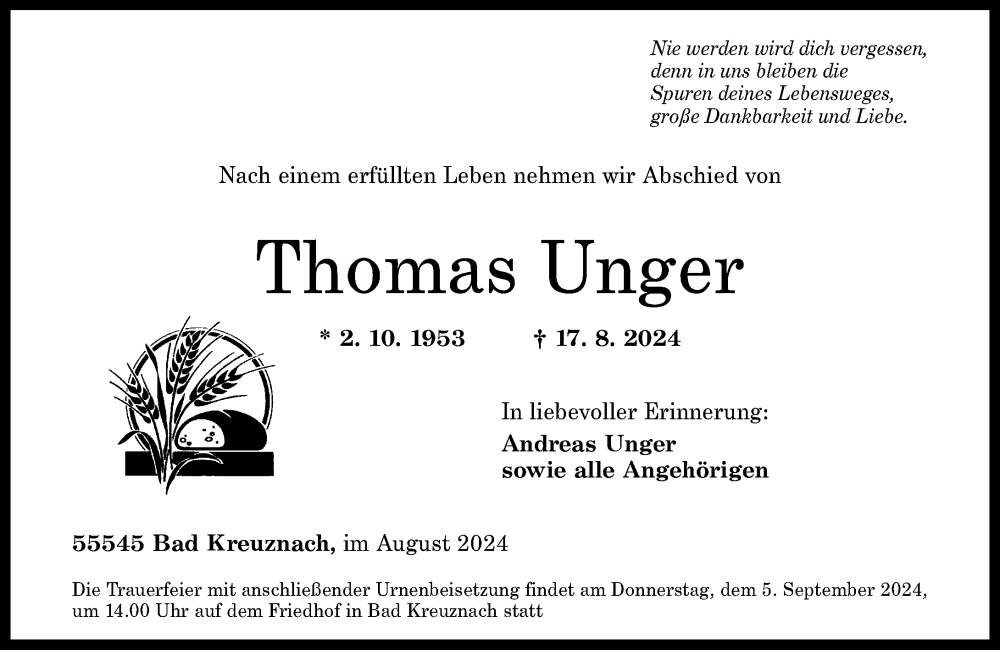  Traueranzeige für Thomas Unger vom 31.08.2024 aus Allgemeine Zeitung Rheinhessen-Nahe