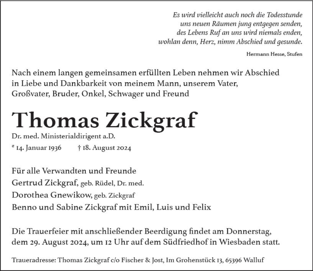  Traueranzeige für Thomas Zickgraf vom 24.08.2024 aus Wiesbadener Kurier
