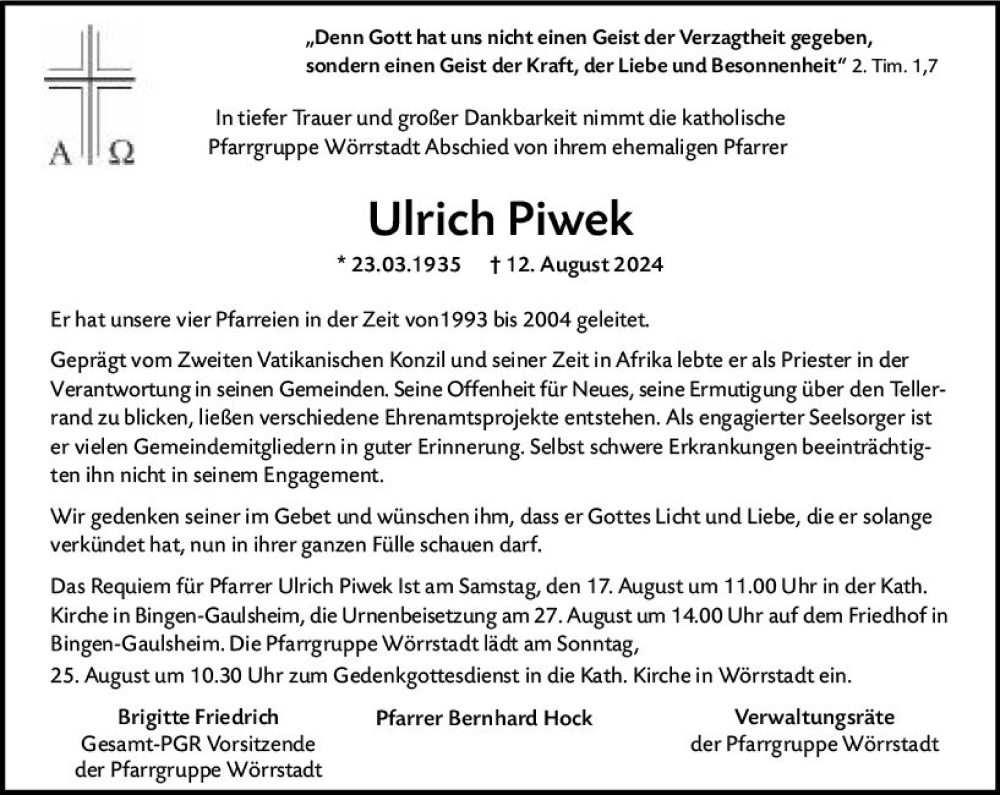  Traueranzeige für Ulrich Piwek vom 16.08.2024 aus Allgemeine Zeitung Alzey