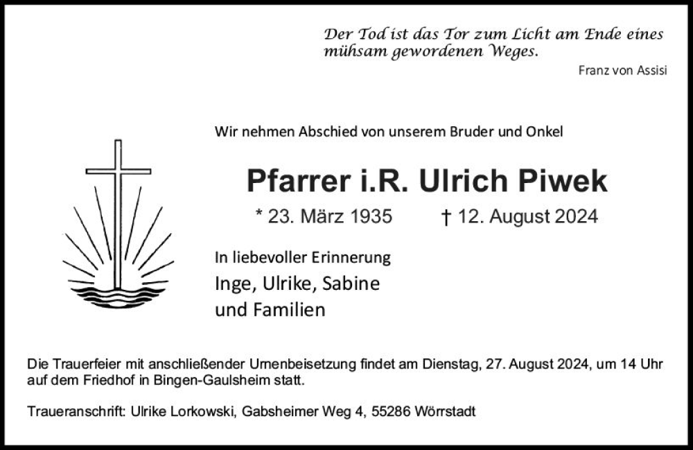  Traueranzeige für Ulrich Piwek vom 17.08.2024 aus Allgemeine Zeitung Alzey