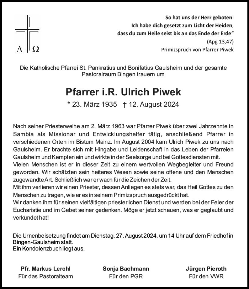  Traueranzeige für Ulrich Piwek vom 24.08.2024 aus Binger-/Ingelheimer Wochenblatt