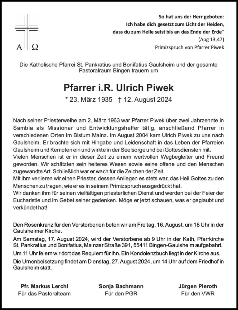 Traueranzeige für Ulrich Piwek vom 15.08.2024 aus Allgemeine Zeitung Rheinhessen-Nahe