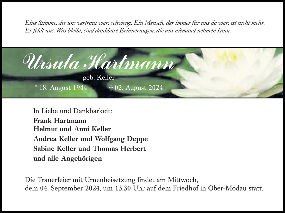  Traueranzeige für Ursula Hartmann vom 31.08.2024 aus Darmstädter Echo