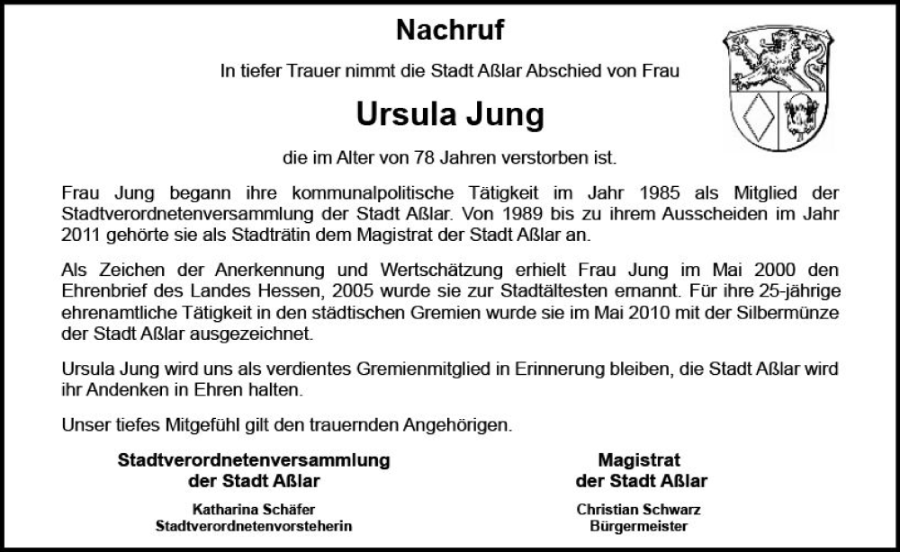  Traueranzeige für Ursula Jung vom 10.08.2024 aus Wetzlarer Neue Zeitung