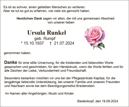 Traueranzeige von Ursula Runkel von Hinterländer Anzeiger
