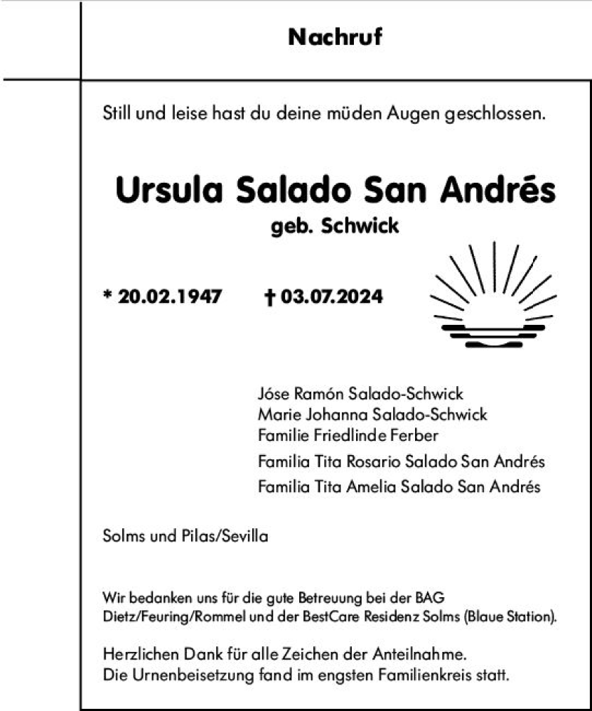  Traueranzeige für Ursula Salado San Andres vom 03.08.2024 aus Wetzlarer Neue Zeitung