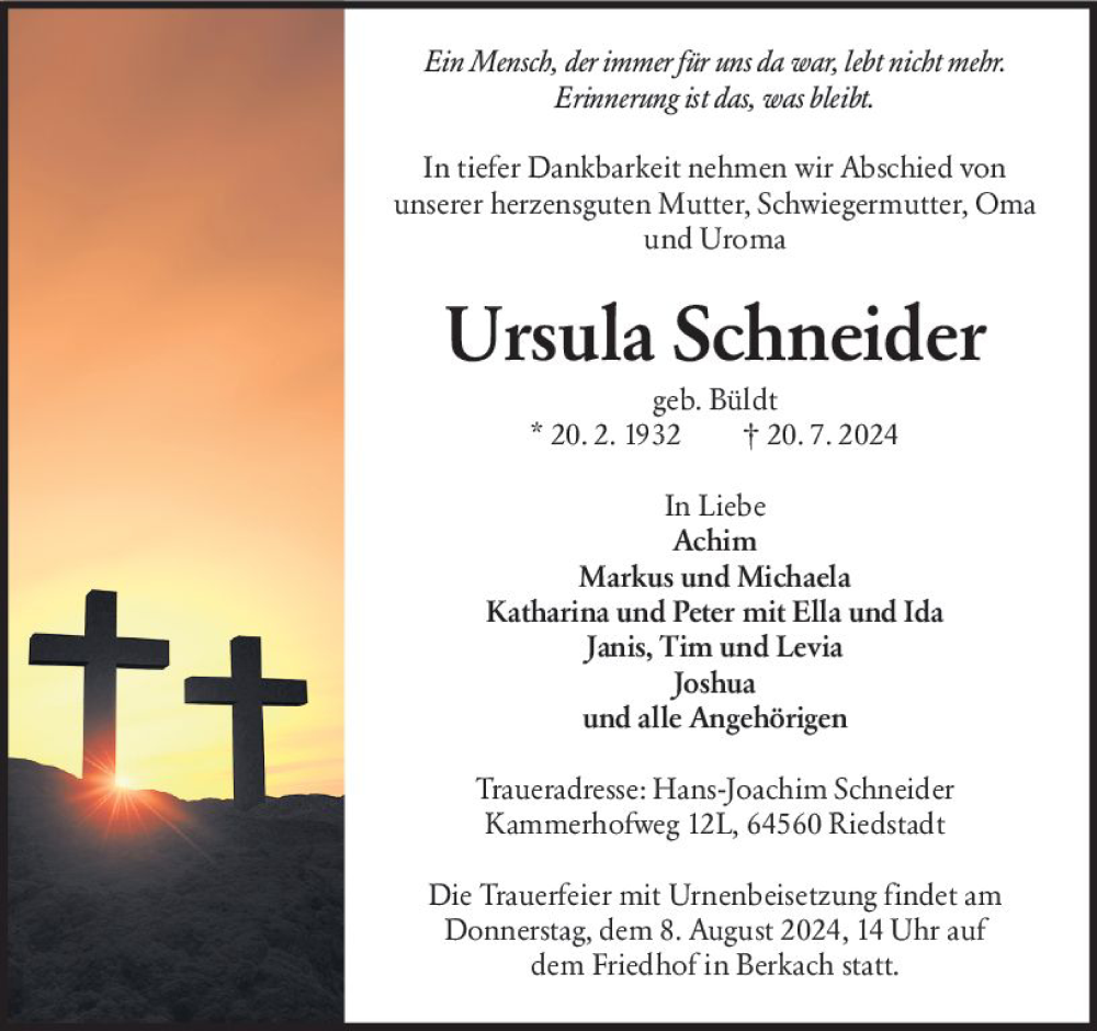  Traueranzeige für Ursula Schneider vom 03.08.2024 aus Groß-Gerauer Echo
