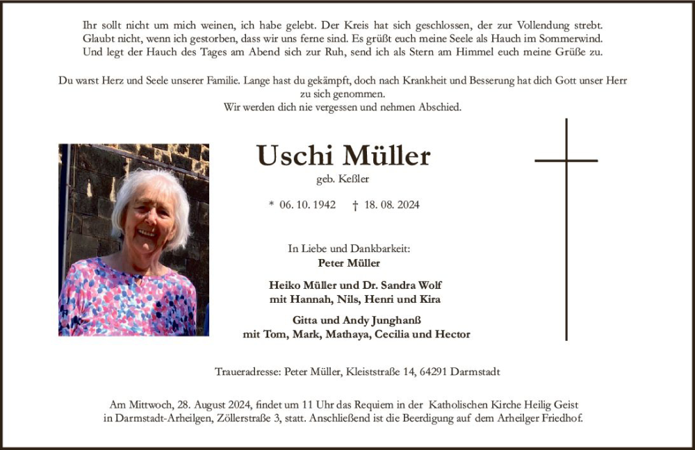  Traueranzeige für Uschi Müller vom 24.08.2024 aus Darmstädter Echo