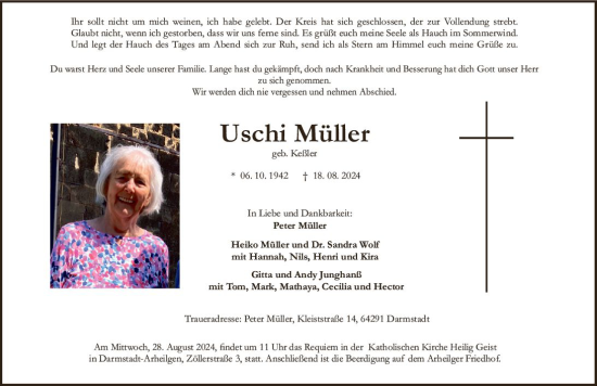 Traueranzeige von Uschi Müller von Darmstädter Echo