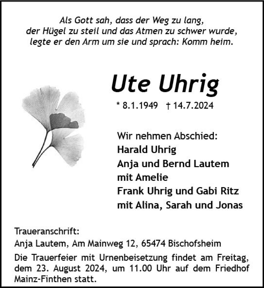  Traueranzeige für Ute Uhrig vom 03.08.2024 aus Allgemeine Zeitung Mainz
