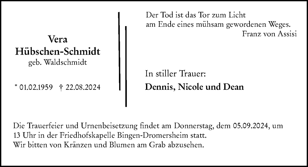  Traueranzeige für Vera Hübschen-Schmidt vom 31.08.2024 aus Rheingau-Taunus-Kreis Wochenblatt