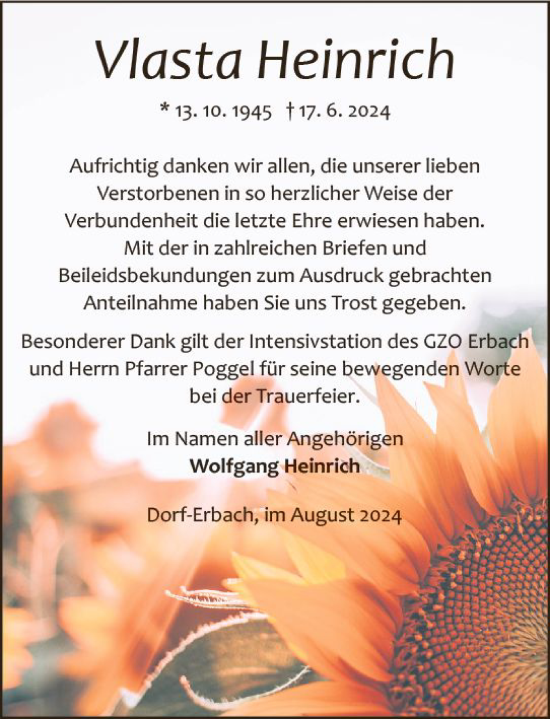 Traueranzeige von Vlasta Heinrich von Odenwälder Echo