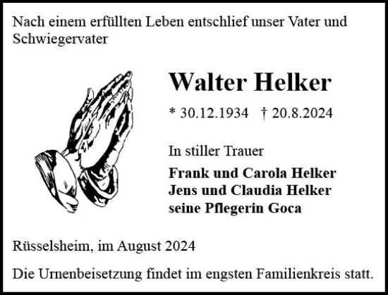 Traueranzeige von Walter Helker von Rüsselsheimer Echo