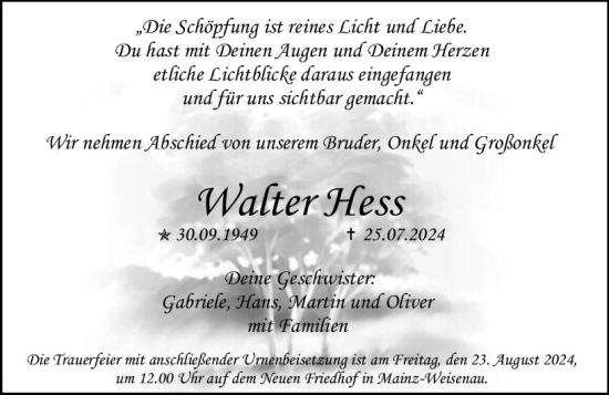 Traueranzeige von Walter Hess von Allgemeine Zeitung Mainz