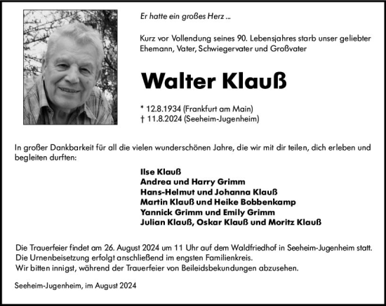 Traueranzeige von Walter Klauß von Darmstädter Echo