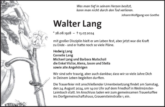 Traueranzeige von Walter Lang von Weilburger Tageblatt
