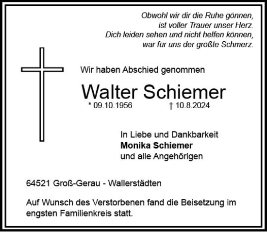 Traueranzeige von Walter Schiemer von Groß-Gerauer Echo
