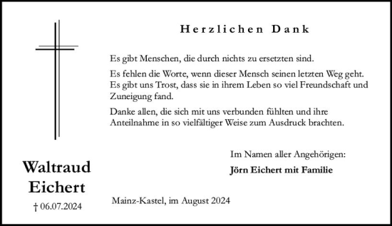Traueranzeige von Waltraud Eichert von Allgemeine Zeitung Mainz