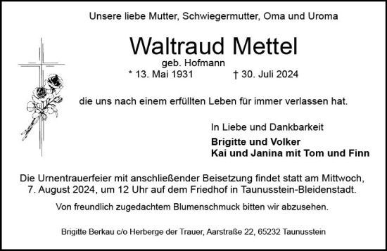 Traueranzeige von Waltraud Mettel von Idsteiner Land/Untertaunus