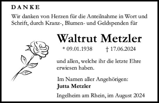 Traueranzeige von Waltrut Metzler von Allgemeine Zeitung Rheinhessen-Nahe