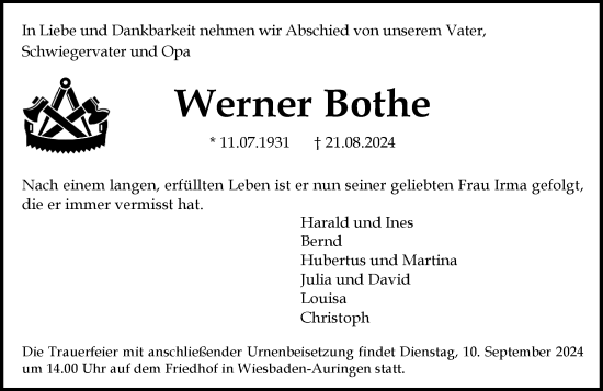 Traueranzeige von Werner Bothe von Wiesbadener Kurier